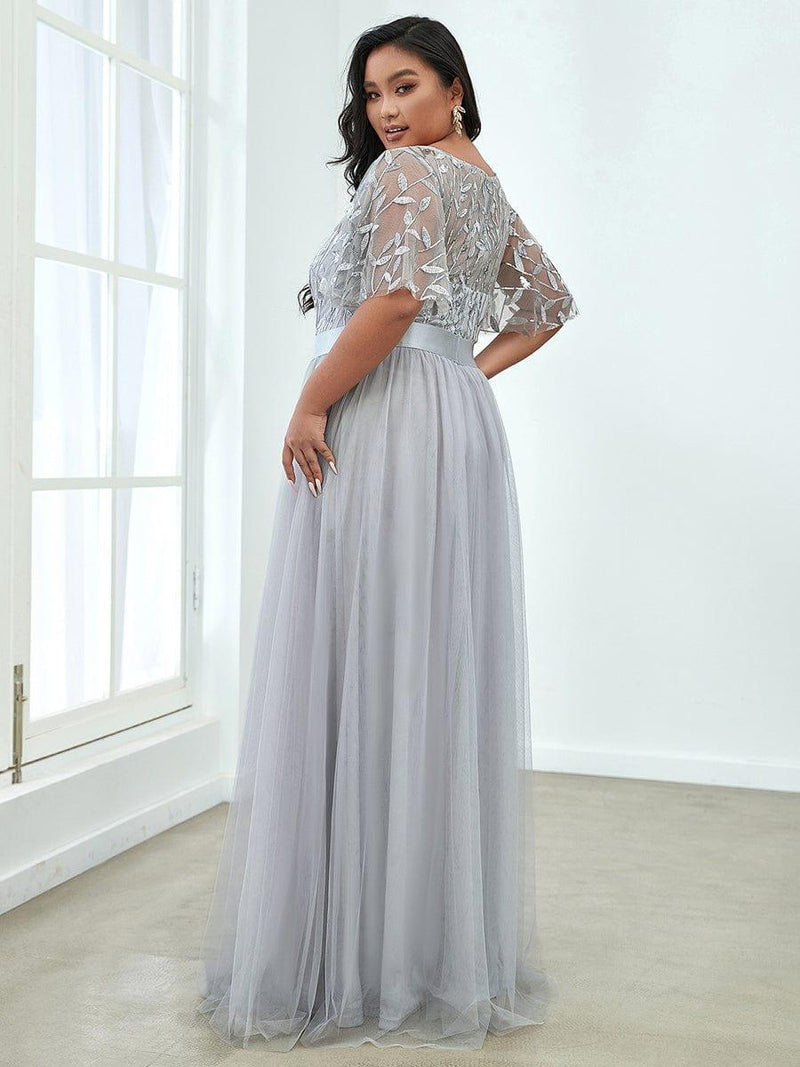 ever SAPHIR|Women's A-Line Sequin Leaf Maxi Prom Dress with Sleeves