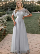 ever SAPHIR|Women's A-Line Sequin Leaf Maxi Prom Dress with Sleeves
