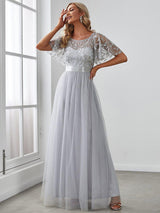 ever SAPHIR|Women's A-Line Sequin Leaf Maxi Prom Dress with Sleeves