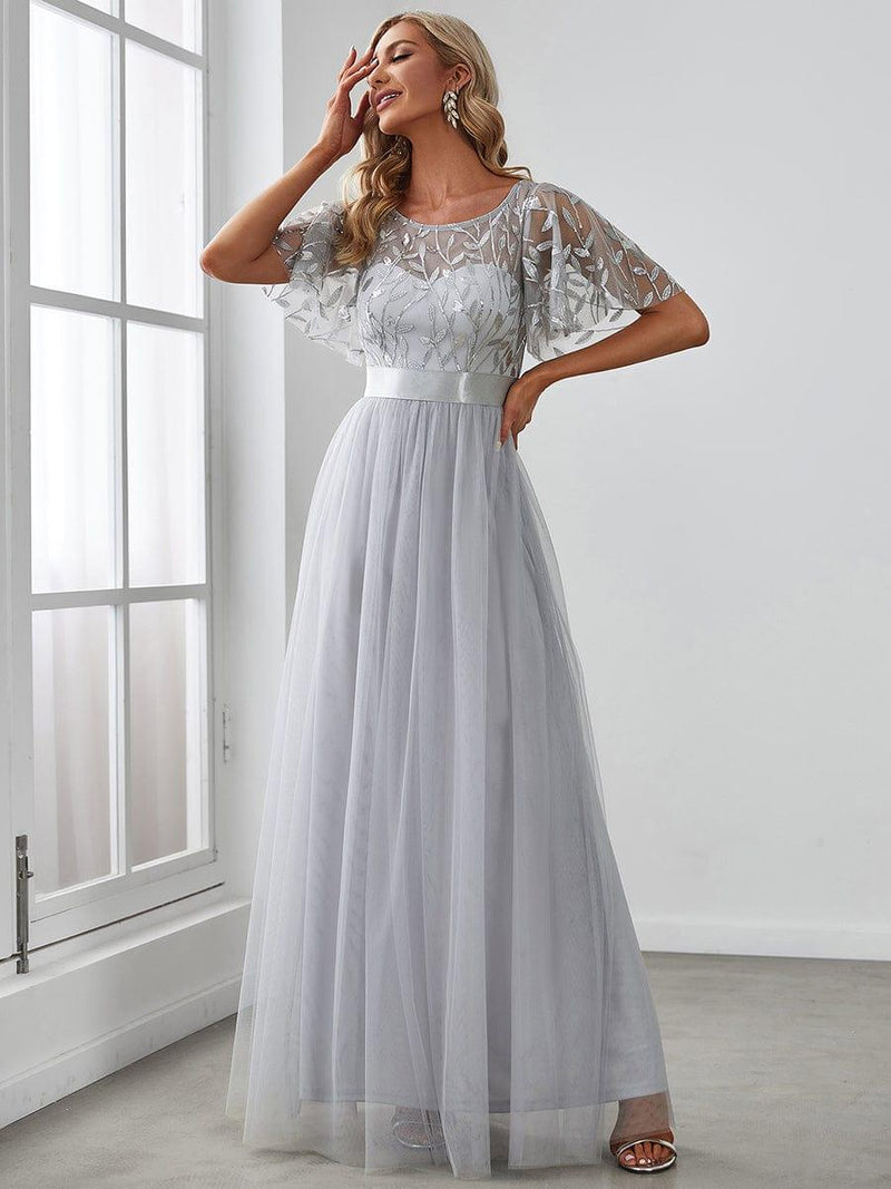 ever SAPHIR|Women's A-Line Sequin Leaf Maxi Prom Dress with Sleeves