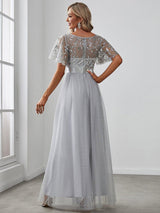 ever SAPHIR|Women's A-Line Sequin Leaf Maxi Prom Dress with Sleeves