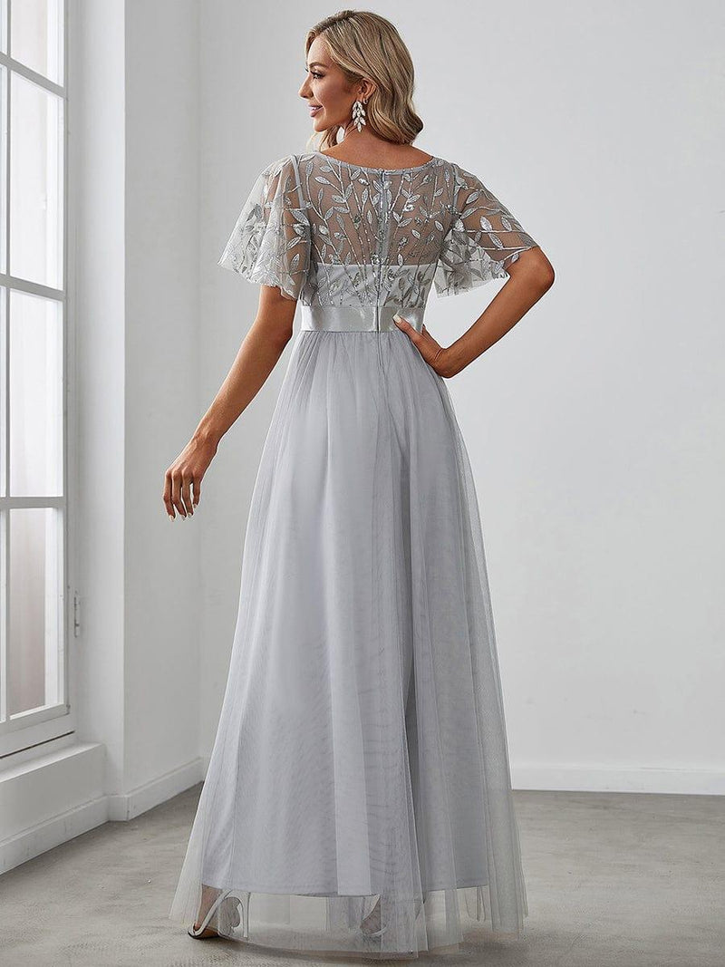 ever SAPHIR|Women's A-Line Sequin Leaf Maxi Prom Dress with Sleeves