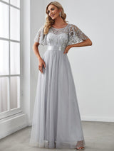 ever SAPHIR|Women's A-Line Sequin Leaf Maxi Prom Dress with Sleeves