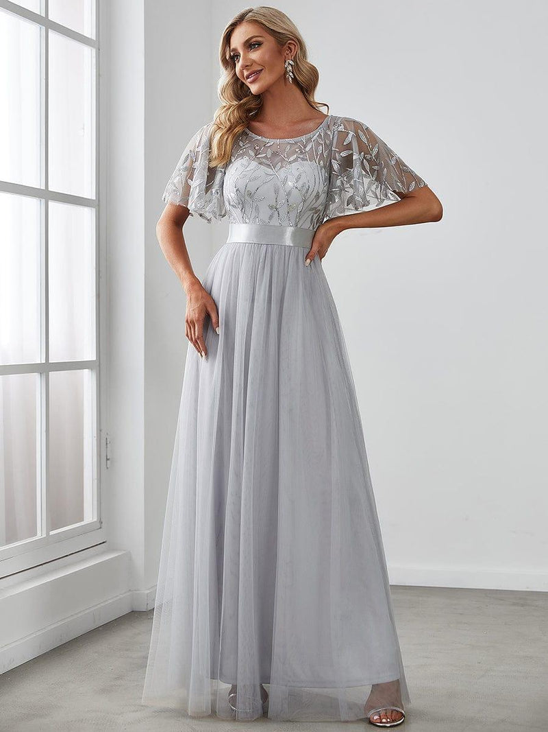 ever SAPHIR|Women's A-Line Sequin Leaf Maxi Prom Dress with Sleeves
