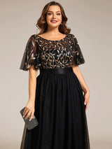 ever SAPHIR|Women's A-Line Sequin Leaf Maxi Prom Dress with Sleeves