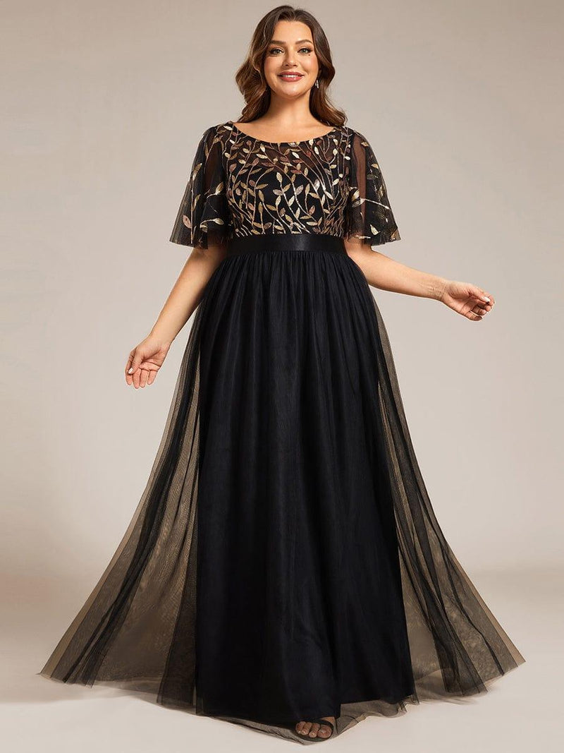 ever SAPHIR|Women's A-Line Sequin Leaf Maxi Prom Dress with Sleeves