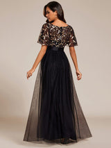 ever SAPHIR|Women's A-Line Sequin Leaf Maxi Prom Dress with Sleeves