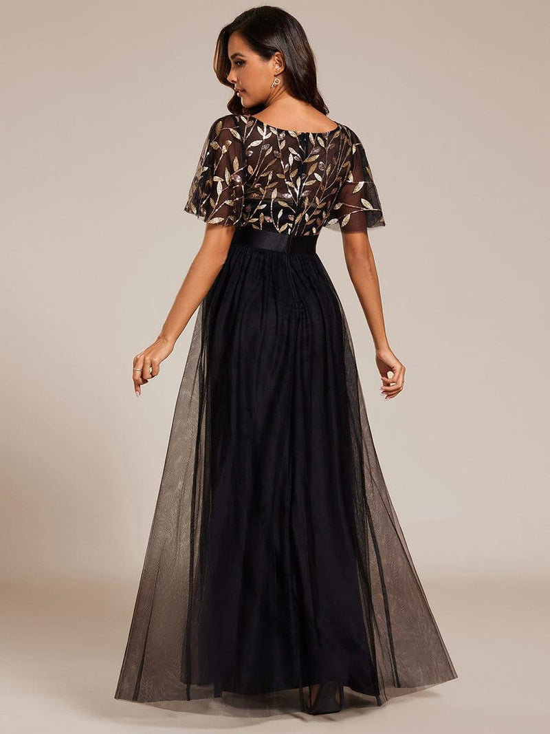 ever SAPHIR|Women's A-Line Sequin Leaf Maxi Prom Dress with Sleeves