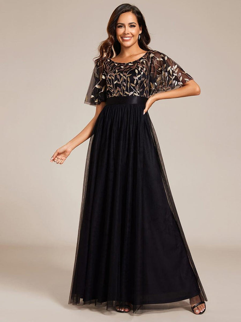ever SAPHIR|Women's A-Line Sequin Leaf Maxi Prom Dress with Sleeves