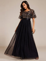 ever SAPHIR|Women's A-Line Sequin Leaf Maxi Prom Dress with Sleeves