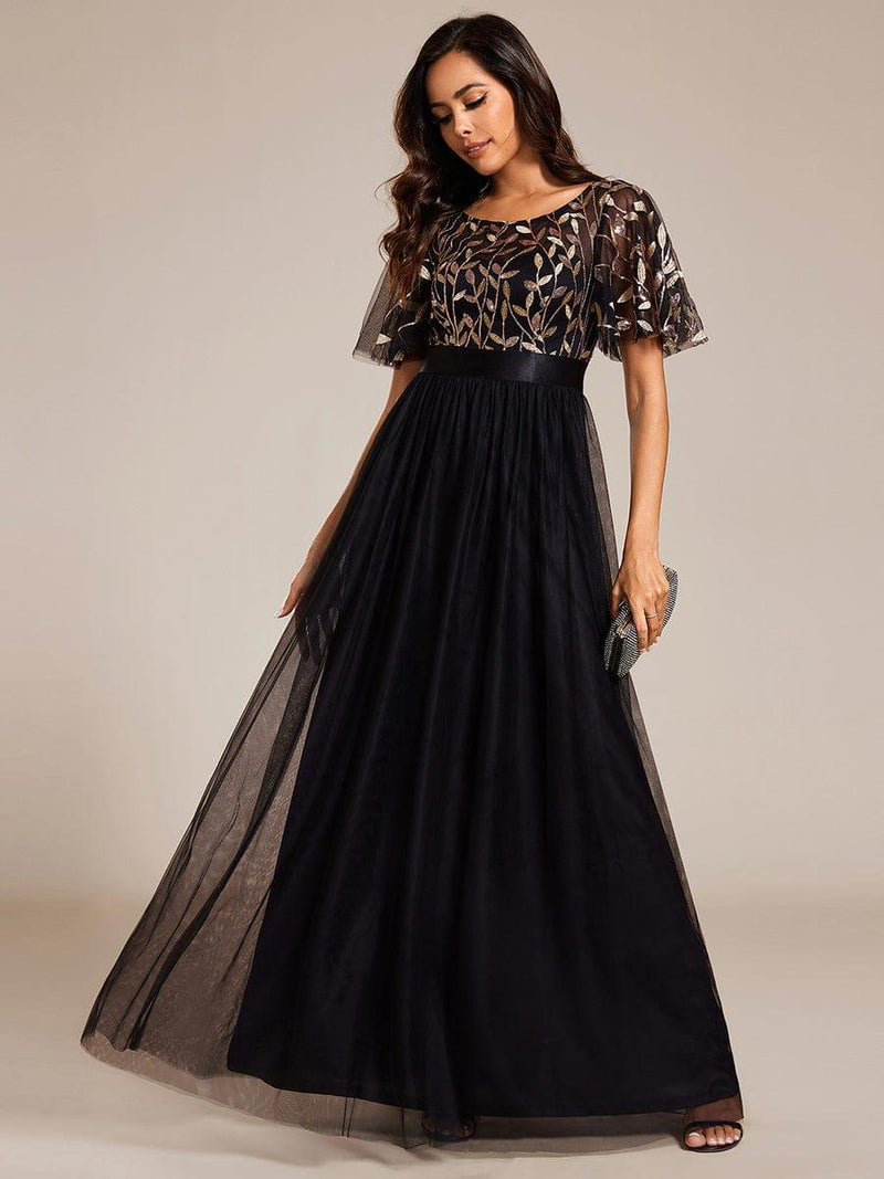 ever SAPHIR|Women's A-Line Sequin Leaf Maxi Prom Dress with Sleeves