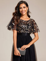 ever SAPHIR|Women's A-Line Sequin Leaf Maxi Prom Dress with Sleeves