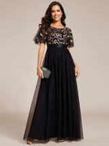 ever SAPHIR|Women's A-Line Sequin Leaf Maxi Prom Dress with Sleeves