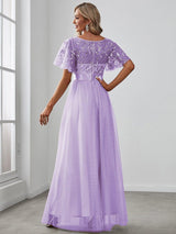 ever SAPHIR|Women's A-Line Sequin Leaf Maxi Prom Dress with Sleeves