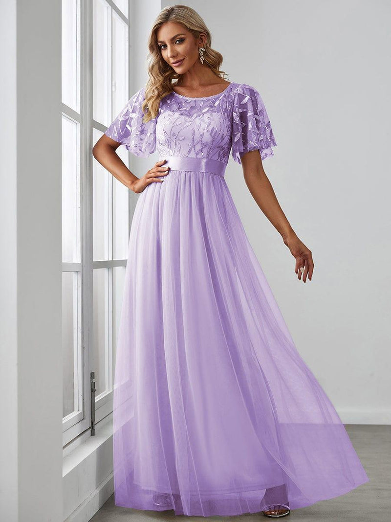 ever SAPHIR|Women's A-Line Sequin Leaf Maxi Prom Dress with Sleeves