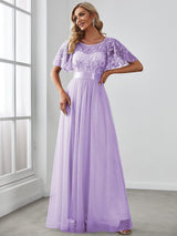 ever SAPHIR|Women's A-Line Short Sleeve Embroidery Floor Length Evening Dresses