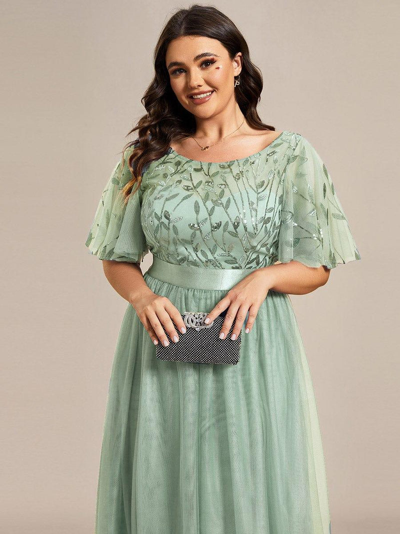 ever SAPHIR|Women's A-Line Sequin Leaf Maxi Prom Dress with Sleeves