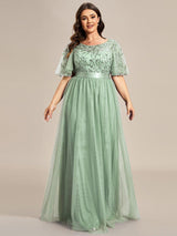 ever SAPHIR|Women's A-Line Sequin Leaf Maxi Prom Dress with Sleeves