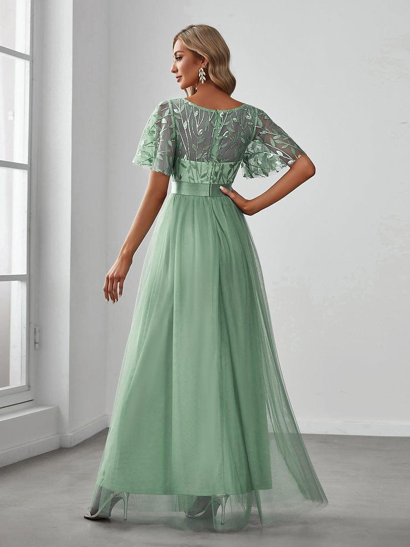 ever SAPHIR|Women's A-Line Sequin Leaf Maxi Prom Dress with Sleeves