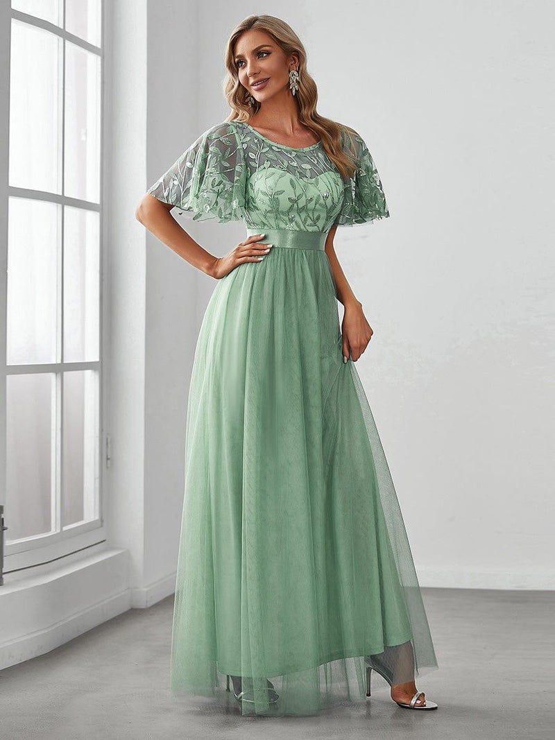 ever SAPHIR|Women's A-Line Sequin Leaf Maxi Prom Dress with Sleeves
