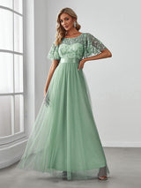 ever SAPHIR|Women's A-Line Sequin Leaf Maxi Prom Dress with Sleeves
