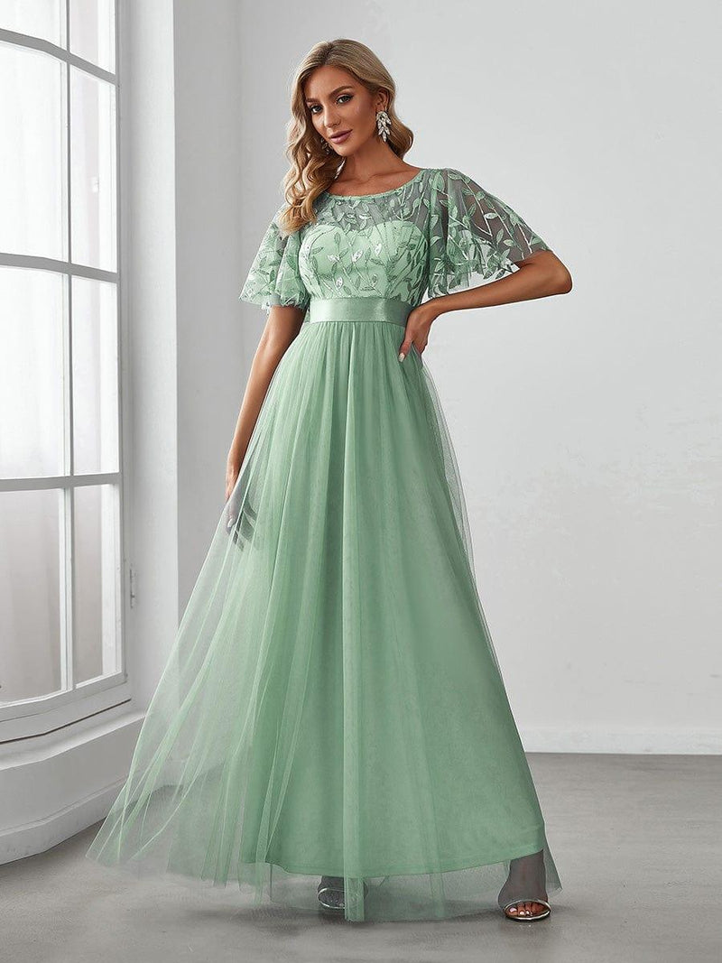 ever SAPHIR|Women's A-Line Sequin Leaf Maxi Prom Dress with Sleeves