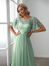 ever SAPHIR|Women's A-Line Sequin Leaf Maxi Prom Dress with Sleeves