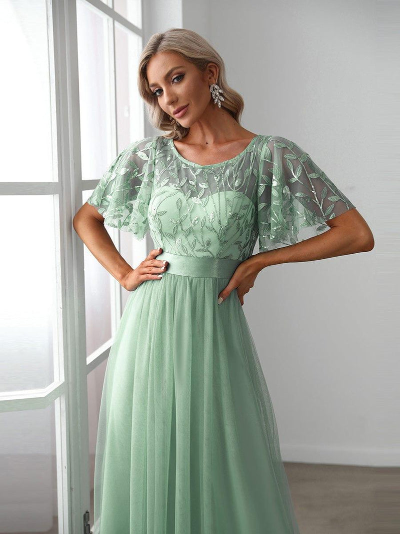 ever SAPHIR|Women's A-Line Sequin Leaf Maxi Prom Dress with Sleeves