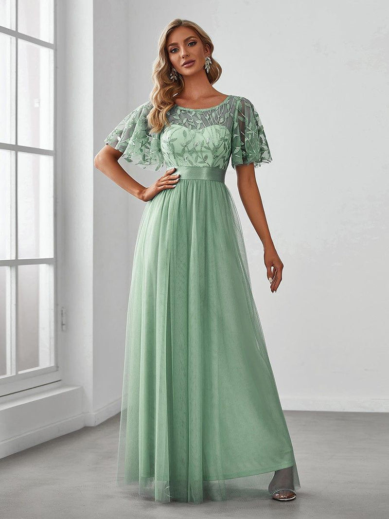 ever SAPHIR|Women's A-Line Sequin Leaf Maxi Prom Dress with Sleeves