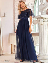 ever SAPHIR|Women's A-Line Sequin Leaf Maxi Prom Dress with Sleeves