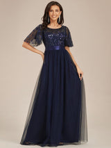 ever SAPHIR|Women's A-Line Sequin Leaf Maxi Prom Dress with Sleeves
