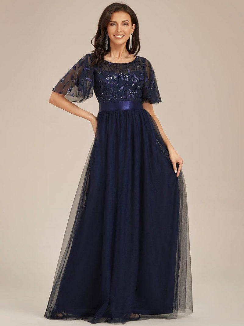 ever SAPHIR|Women's A-Line Sequin Leaf Maxi Prom Dress with Sleeves