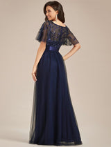 ever SAPHIR|Women's A-Line Sequin Leaf Maxi Prom Dress with Sleeves