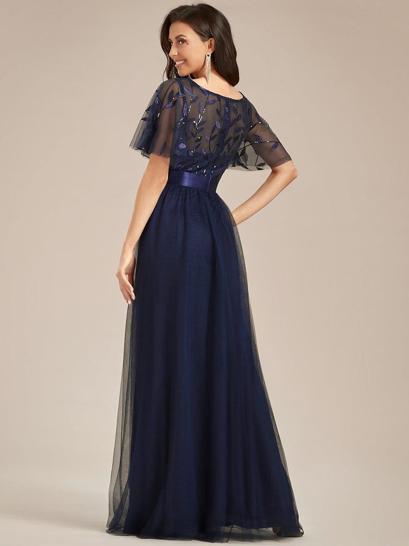ever SAPHIR|Women's A-Line Sequin Leaf Maxi Prom Dress with Sleeves