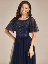 ever SAPHIR|Women's A-Line Sequin Leaf Maxi Prom Dress with Sleeves