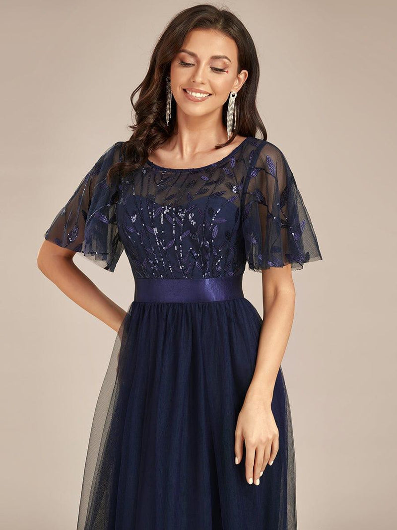 ever SAPHIR|Women's A-Line Sequin Leaf Maxi Prom Dress with Sleeves