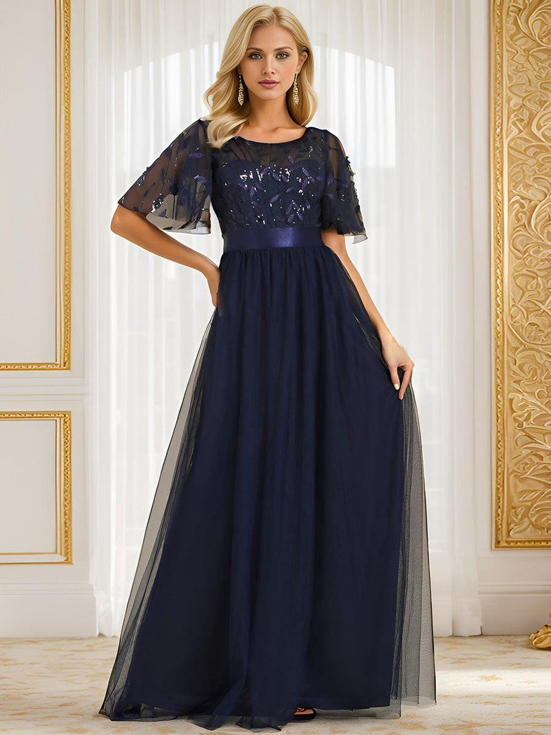 ever SAPHIR|Women's A-Line Sequin Leaf Maxi Prom Dress with Sleeves