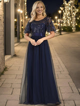 ever SAPHIR|Women's A-Line Sequin Leaf Maxi Prom Dress with Sleeves