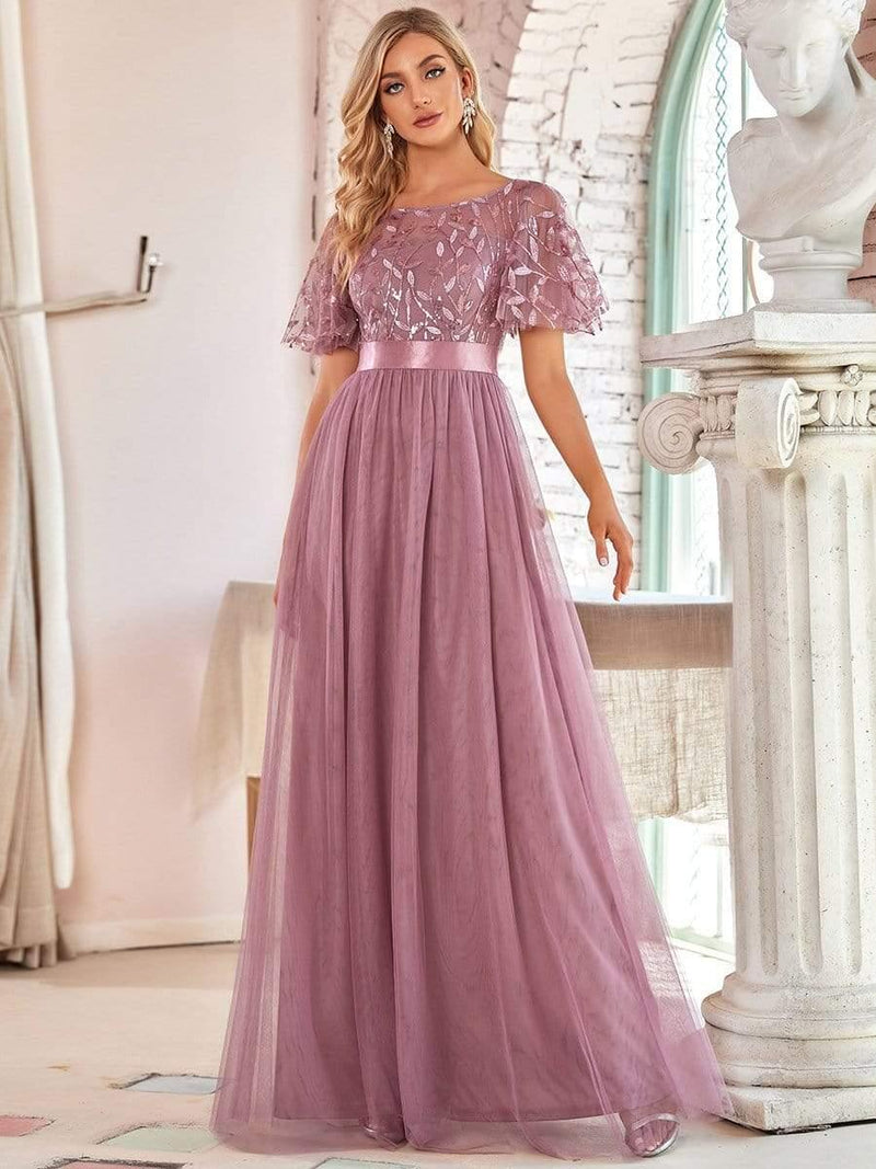 ever SAPHIR|Women's A-Line Sequin Leaf Maxi Prom Dress with Sleeves