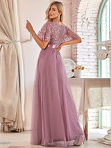 ever SAPHIR|Women's A-Line Sequin Leaf Maxi Prom Dress with Sleeves