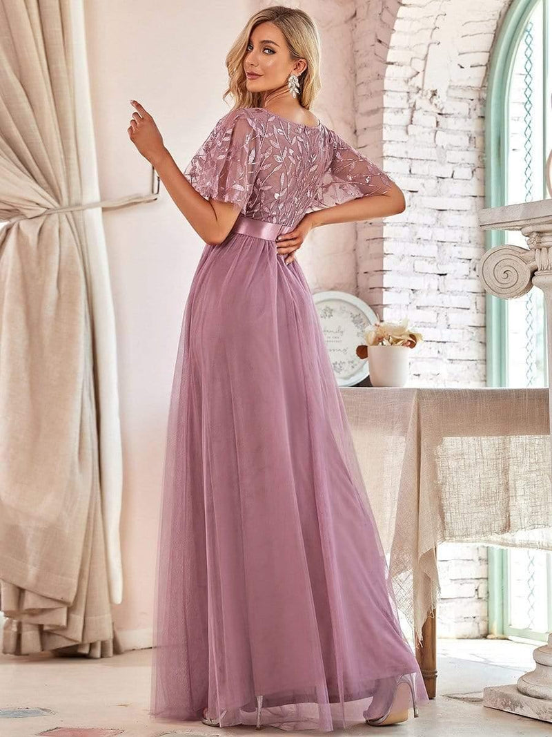 ever SAPHIR|Women's A-Line Sequin Leaf Maxi Prom Dress with Sleeves