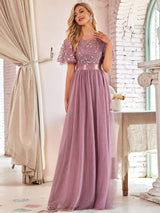 ever SAPHIR|Women's A-Line Sequin Leaf Maxi Prom Dress with Sleeves