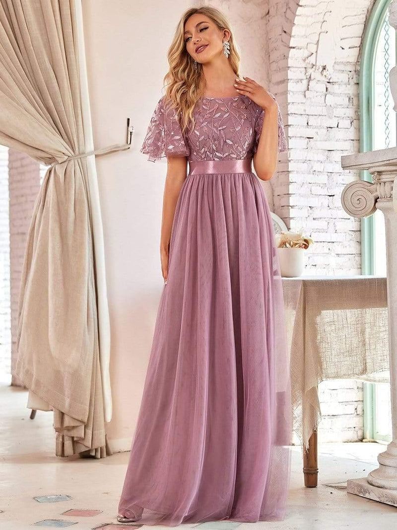 ever SAPHIR|Women's A-Line Sequin Leaf Maxi Prom Dress with Sleeves