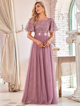 ever SAPHIR|Women's A-Line Sequin Leaf Maxi Prom Dress with Sleeves