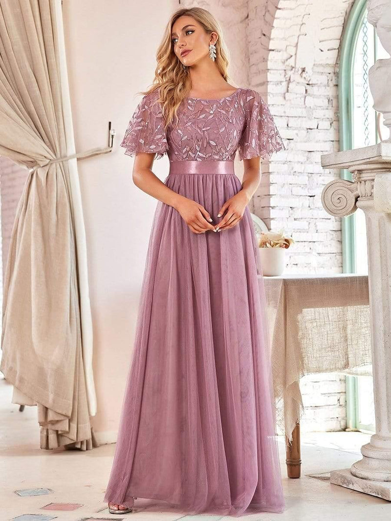 ever SAPHIR|Women's A-Line Sequin Leaf Maxi Prom Dress with Sleeves