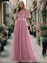 ever SAPHIR|Women's A-Line Sequin Leaf Maxi Prom Dress with Sleeves
