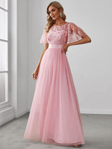 ever SAPHIR|Women's A-Line Sequin Leaf Maxi Prom Dress with Sleeves