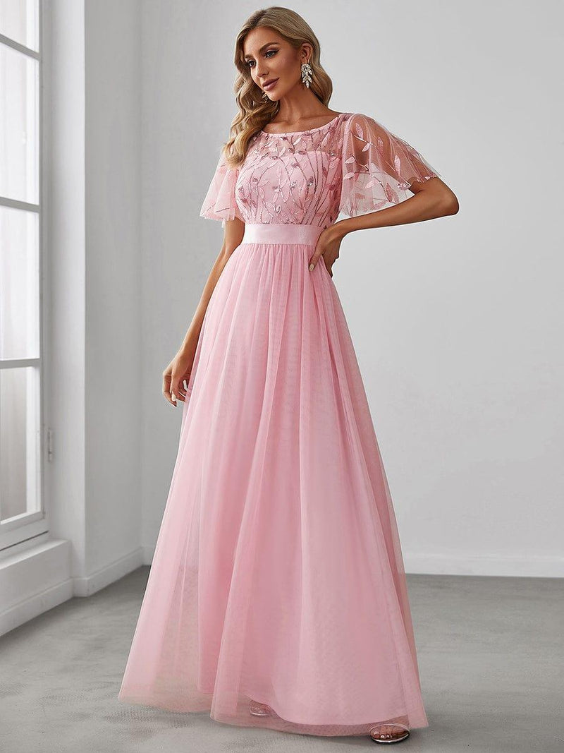 ever SAPHIR|Women's A-Line Sequin Leaf Maxi Prom Dress with Sleeves