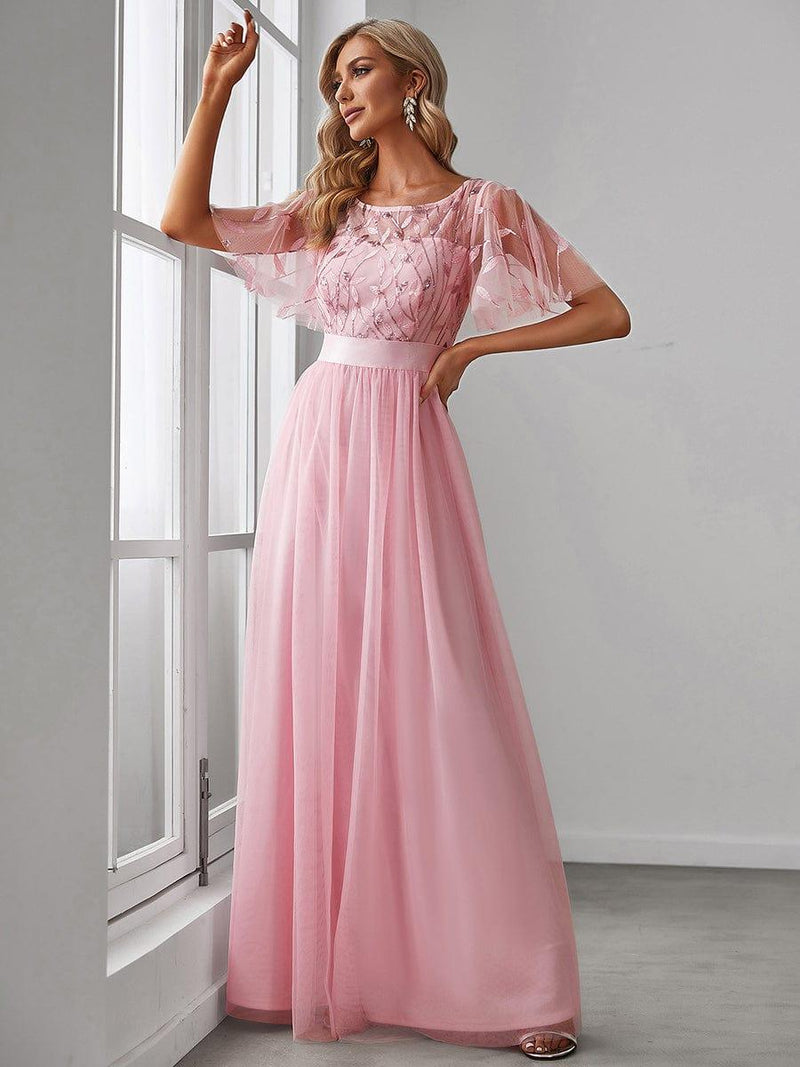 ever SAPHIR|Women's A-Line Sequin Leaf Maxi Prom Dress with Sleeves