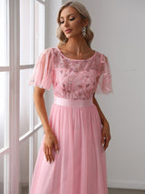 ever SAPHIR|Women's A-Line Short Sleeve Embroidery Floor Length Evening Dresses